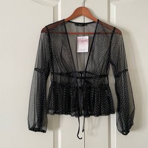 Long sleeve sheer top with gold polka dots